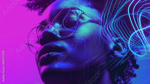 A close up portrait of a black woman wearing glasses with neon blue and purple lighting.