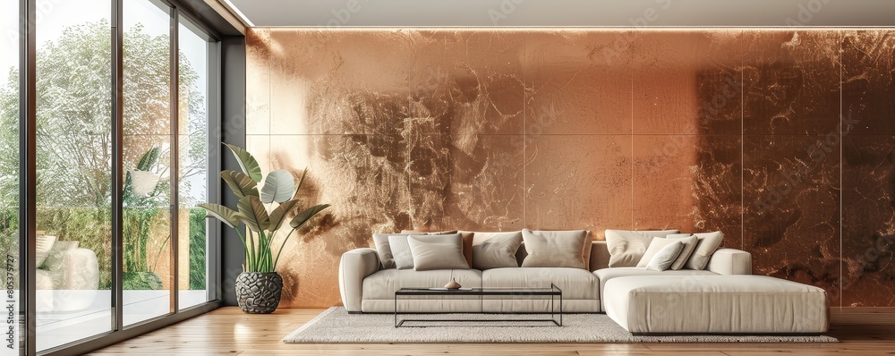 A modern living room with a large copper wall, white sofa, and plants A modern living room with a large copper wall, white sofa, and plants