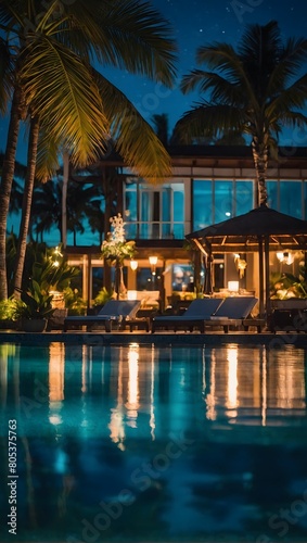 Midnight Retreat, Relaxing by the Poolside of a Lavish Tropical Resort Pool at Night.
