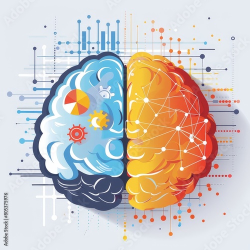 An illustration of a brain split in two colors. The left half is blue and the right half is orange. photo