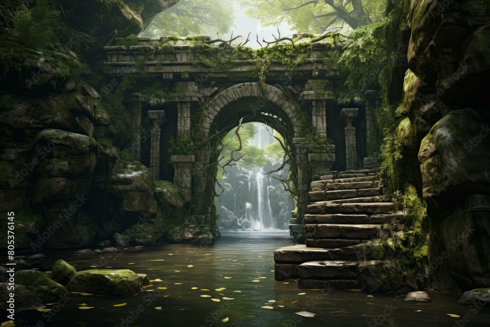 Tranquil Stone arch river water. Ancient town. Generate Ai Tranquil Stone arch river water. Ancient town. Generate Ai
