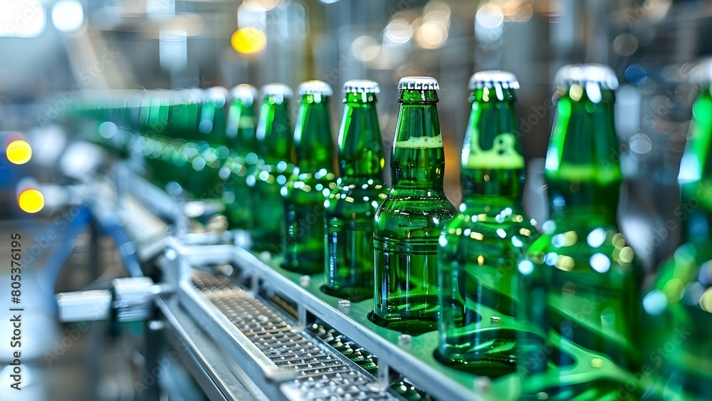Green Beer Bottle Production Line Technology in a Factory Setting. Concept Green Beer Bottles, Production Line, Factory Technology, Glass Packaging, Manufacturing Process