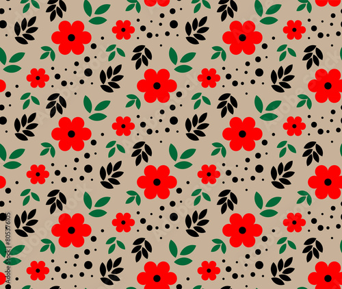 Vector seamless pattern red flower black leaves