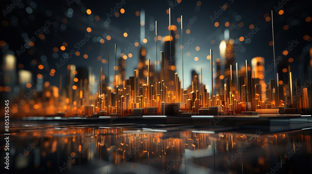 In The Style of Dark Gold and Orange Cityscape Miniature Abstraction on Defocused Background