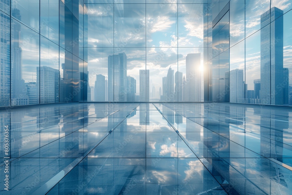 Modern skyscrapers made of glass and steel reflecting the sky and clouds.