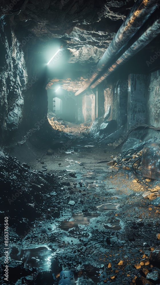 A dark and wet cave with a single light source in the distance. The cave is filled with rocks and debris, and there is water dripping from the walls. A dark and wet cave with a single light source in the distance. The cave is filled with rocks and debris, and there is water dripping from the walls.