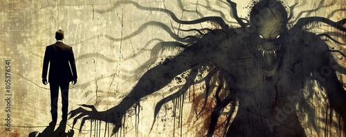 A dark figure with long, spindly arms and legs stands in a menacing pose. The figure appears to be made of shadows and has a skull-like face.