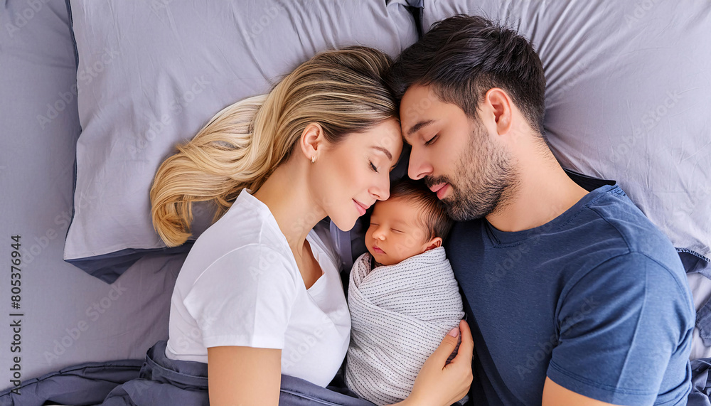 A serene portrait of parents with their happy, peaceful, and calm baby A serene portrait of parents with their happy, peaceful, and calm baby