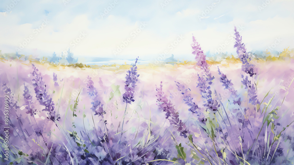 Obraz premium A loose, impressionistic watercolor artwork of a field of lavender swaying in the gentle breeze
