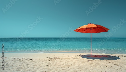 Lone beach umbrella against a pristine white sand background, minimalist style photo