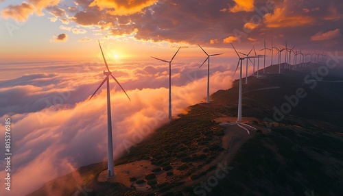 Wind Energy - Windmill Farm on Mountain with Sunset Sky