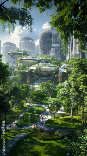 An image of a city park at the heart of a green metropolis, surrounded by eco-friendly buildings that blend seamlessly with the natural landscape, the park acting as a green lung