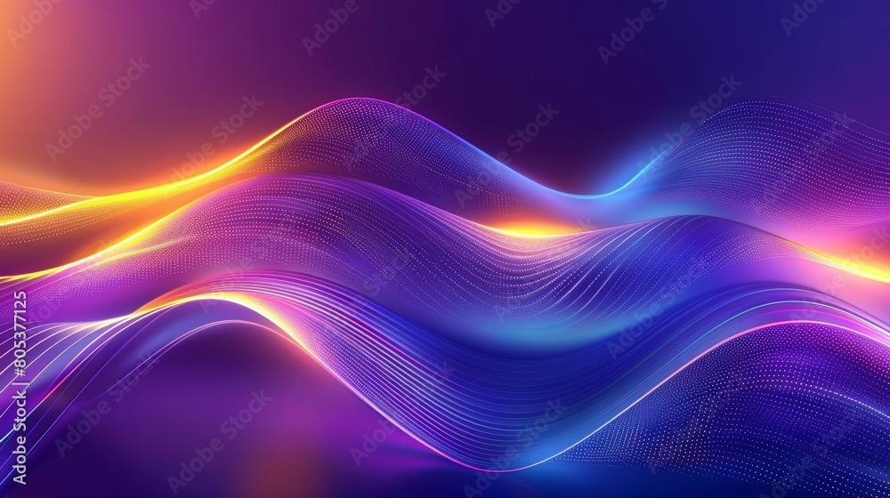 Create a seamless looping animation of glowing blue and purple waves with subtle yellow and pink accents. The waves should appear to be flowing in a mesmerizing pattern. Create a seamless looping animation of glowing blue and purple waves with subtle yellow and pink accents. The waves should appear to be flowing in a mesmerizing pattern.