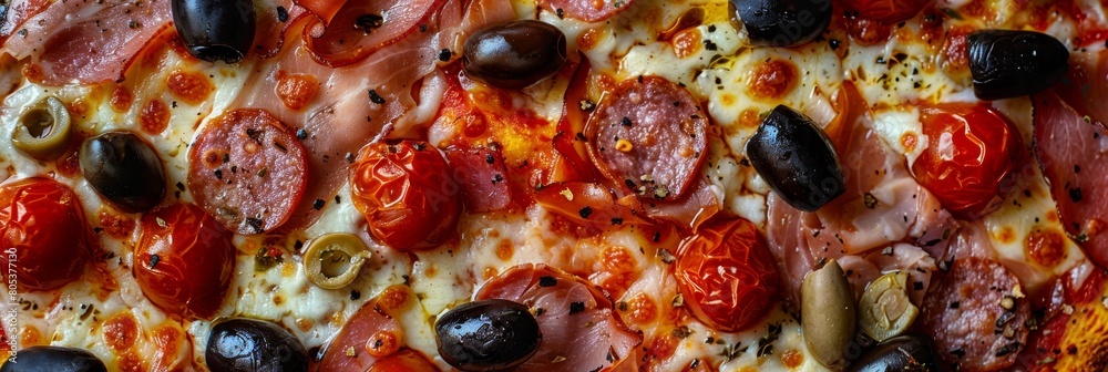 Meat Mix Pizza with Parma Ham, Sausages, Shish Kebab, Bacon, Olives, Tomato Sauce, Mozzarella Meat Mix Pizza with Parma Ham, Sausages, Shish Kebab, Bacon, Olives, Tomato Sauce, Mozzarella