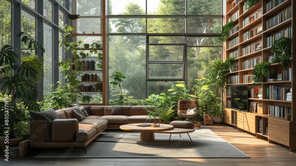 cozy, stylish modern library with large floor-to-ceiling windows and tall cabinets full of a variety of books. Hobby, leisure and education concept cozy, stylish modern library with large floor-to-ceiling windows and tall cabinets full of a variety of books. Hobby, leisure and education concept