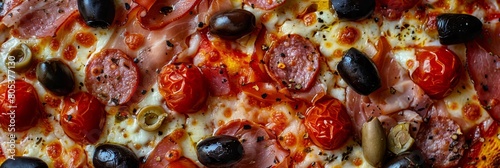 Meat Mix Pizza with Parma Ham, Sausages, Shish Kebab, Bacon, Olives, Tomato Sauce, Mozzarella photo