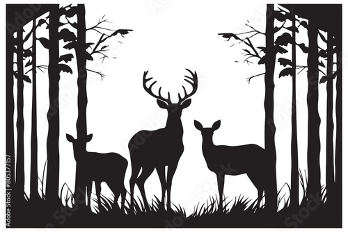 Black silhouette of wild forest woods animals deer and forest fir spruce trees