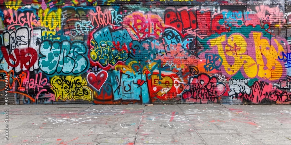 A colorful and vibrant brick wall covered in graffiti and street art.