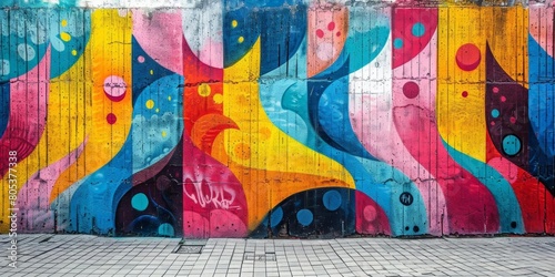 Create a colorful and vibrant mural on a concrete wall  featuring a variety of abstract shapes and patterns.