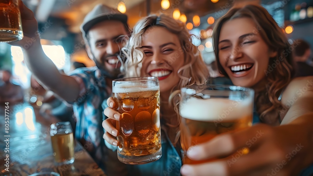 Friends cheers with beers in lively bar celebrating together in bright setting. Concept Friends, Cheers, Beers, Bar, Celebration