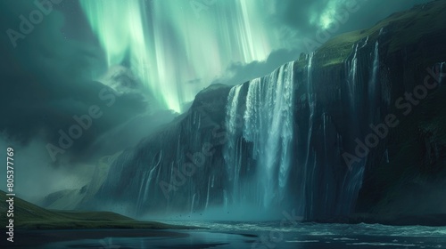 Dynamic natural phenomena captured in background imagery, including waterfalls, auroras, or volcanic eruptions, adding drama and complexity to the scene