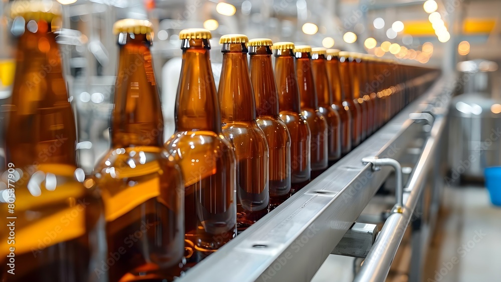Modern Brewery Beer Bottling Line with Brown Glass Bottles on Conveyor. Concept Brewery Equipment, beer Bottling Line, Glass Bottles, Modern Technology, Conveyor System