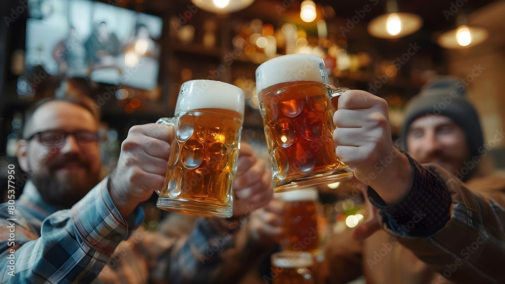 Men enjoying beer at bar toasting in background. Concept Bar Scene, Men Toasting, Enjoying Beer, Social Gathering, Cheers