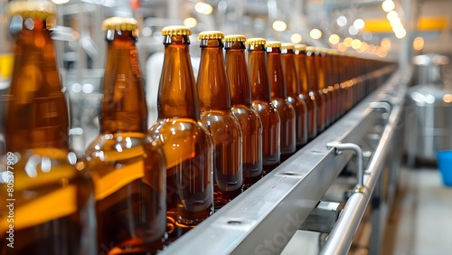 Modern Brewery Beer Bottling Line with Brown Glass Bottles on Conveyor. Concept Brewery Equipment  beer Bottling Line  Glass Bottles  Modern Technology  Conveyor System