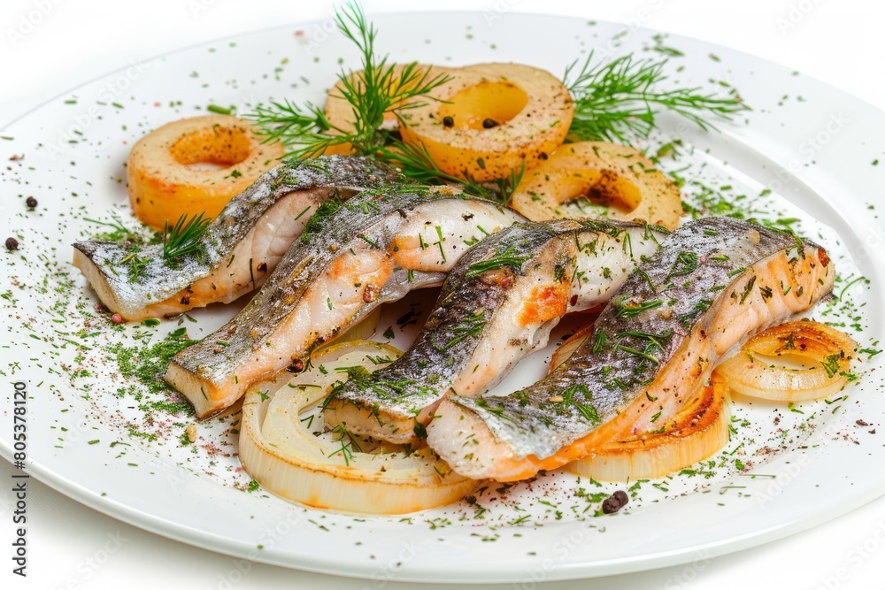Salted Soused Herring, Raw Marinated Fish Fillet, Onion Rings and Boiled Diced Potato Salted Soused Herring, Raw Marinated Fish Fillet, Onion Rings and Boiled Diced Potato