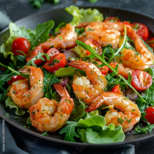 Shrimp, tomatoes, arugula salad, Mixed seafood salat with fried shrimps, greens close up