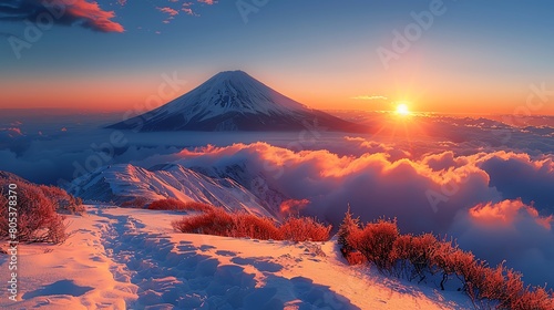 Majestic sunrise over a snowcapped mountain, clear skies, wide angle photo