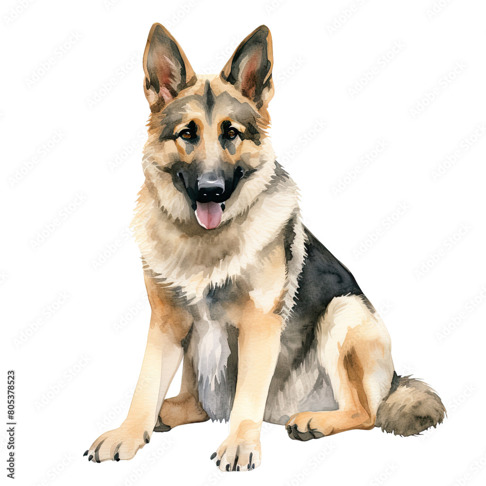 AI-Generated Watercolor German Shepherd sitting Clip Art Illustration. Isolated elements on a white background.