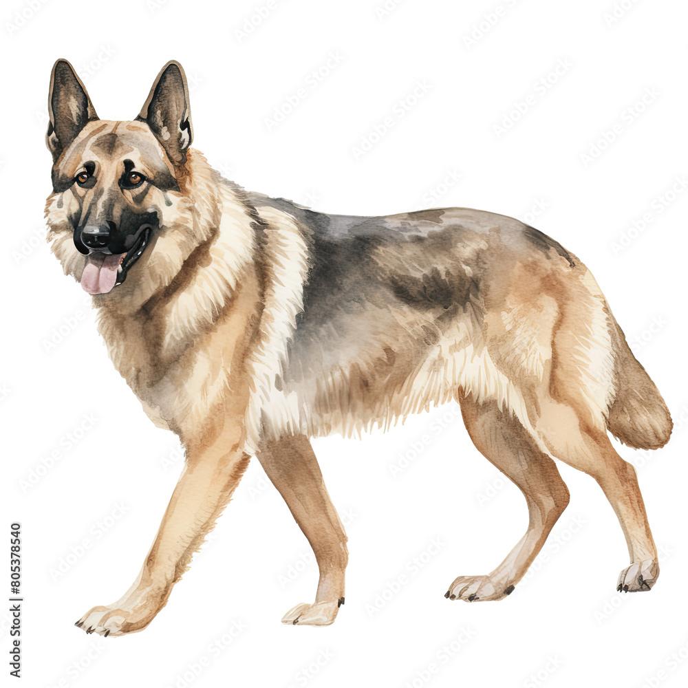 AI-Generated Watercolor German Shepherd walking Clip Art Illustration. Isolated elements on a white background.