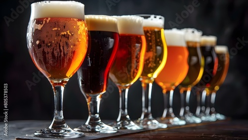 Row of assorted beer glasses filled with different types on dark background. Concept Beer Photography, Glassware Display, Food and Drink, Craft Beer, Beverage Advertisement photo