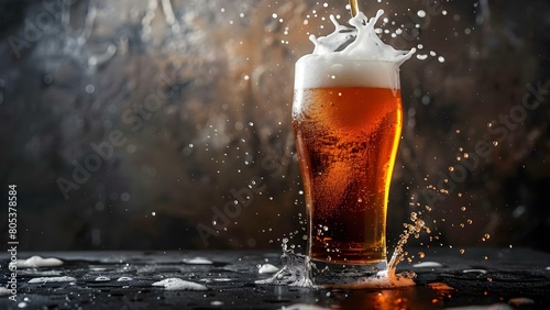 Pouring Beer into a Beer Glass on Dark Background with Splashing Effect. Concept Splashing Beer, Pouring Beer, Beer Glass, Dark Background, Beverage Photography photo