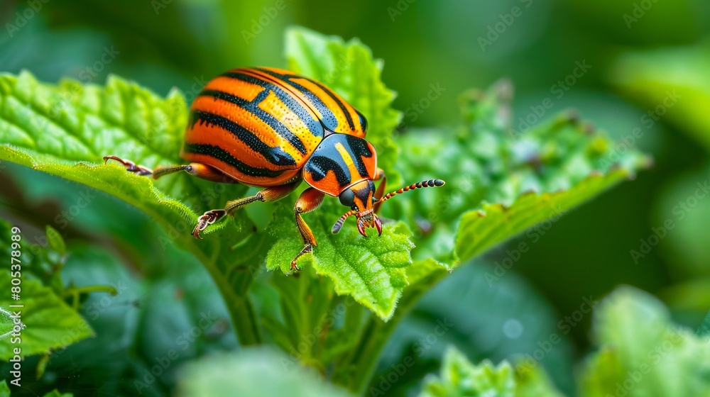 A beetle with orange and black stripes on green leaves. A beetle with orange and black stripes on green leaves.