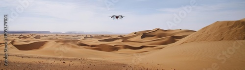 Geographer programming autonomous drones to create dynamic topographical maps of shifting sandscapes on windswept photo