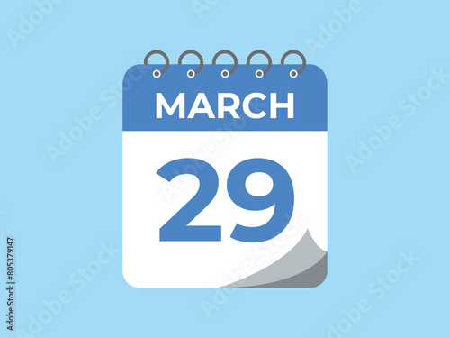 March 29 calendar reminder. 29 March daily calendar icon template. Calendar 29 March icon Design template. Vector illustration

