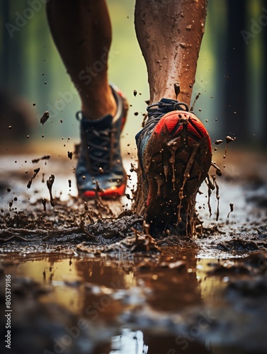 A closeup of an athletes foot kicking up mud during a rainy crosscountry race photo