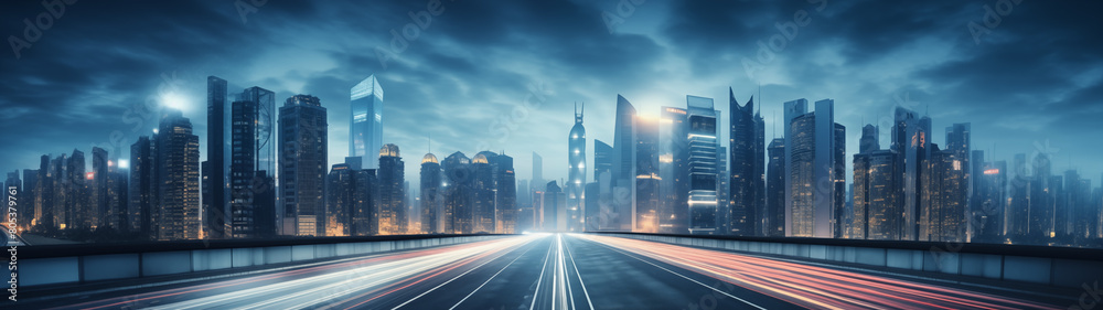 Fototapeta premium Futuristic Cityscape with Illuminated Skyscrapers at Night