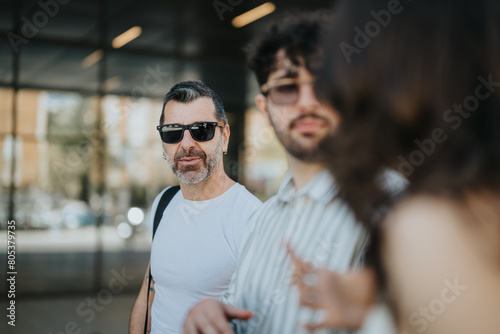 Confident middle-aged man in casual attire and sunglasses strolling in an urban setting with blurry people in the foreground.