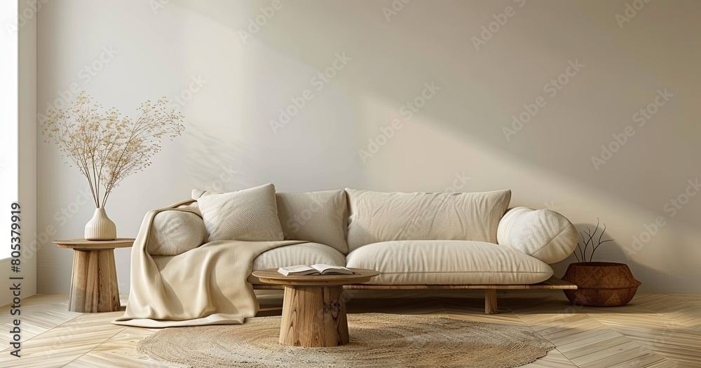 modern interior mockup, a beige sofa with a blanket and a wooden coffee table on a parquet floor near an empty wall background modern interior mockup, a beige sofa with a blanket and a wooden coffee table on a parquet floor near an empty wall background