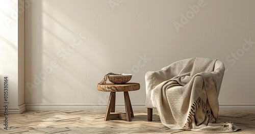 beige blanket draped over an armchair in front of a blank wall photo