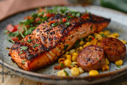 Freshly Blackened Salmon with Cajun Corn Salsa and Chorizo Sausage