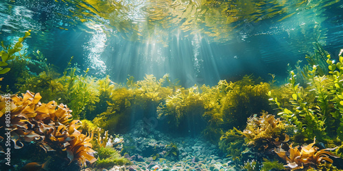 Vibrant Underwater Scene with Sunlight and Seaweeds photo