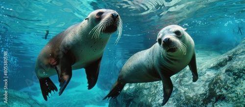 Portrait of a group of Sea Lions swimming underwater in the sea.