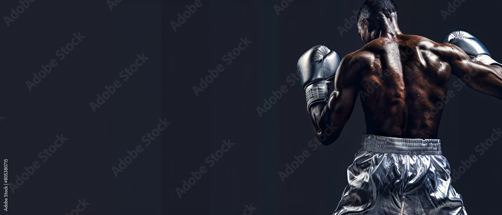Boxer with Silver Boxing Gloves, Profile View Against a Dark Background
