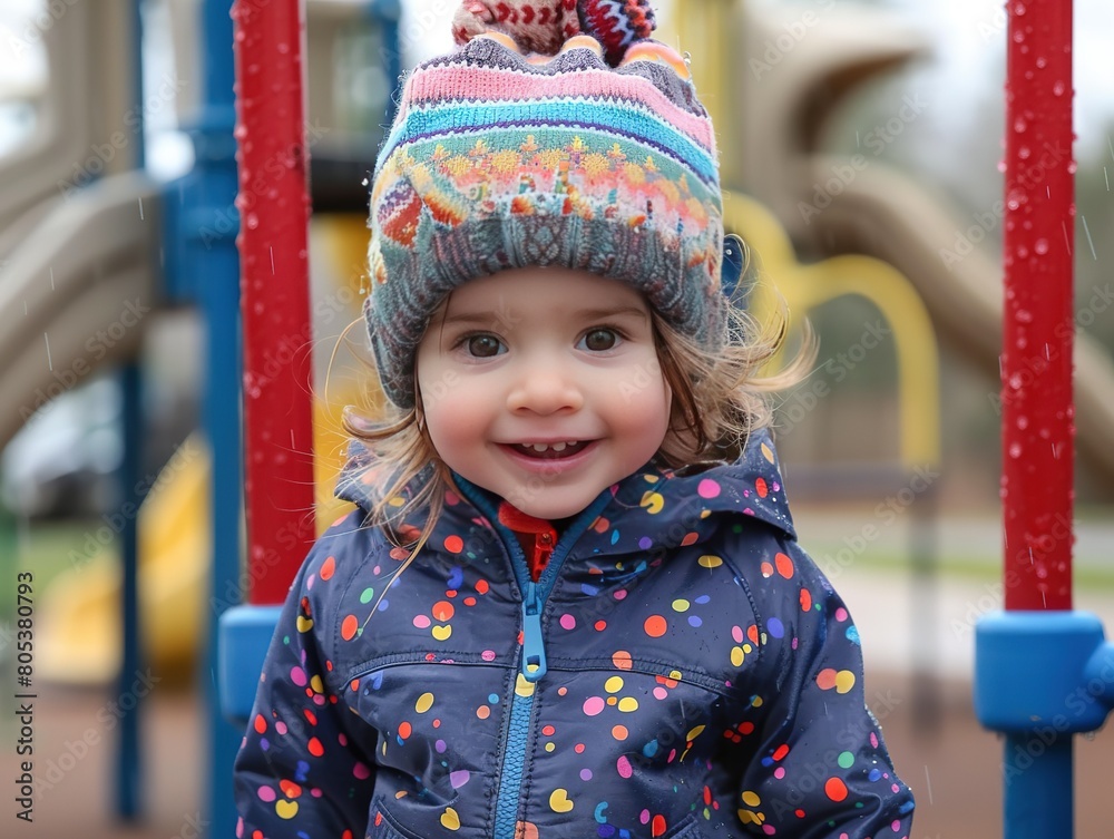 Smiling toddler girl dressed in a colorful winter hat and patterned jacket, enjoying a playful day at a rainy playground. Smiling toddler girl dressed in a colorful winter hat and patterned jacket, enjoying a playful day at a rainy playground.