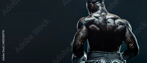 Boxer with Silver Boxing Gloves, Profile View Against a Dark Background Panoramic