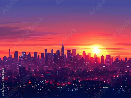 Breathtaking cityscape at sunset with vibrant colors and clear skyline details of modern metropolis urban landscape travel destination scenery